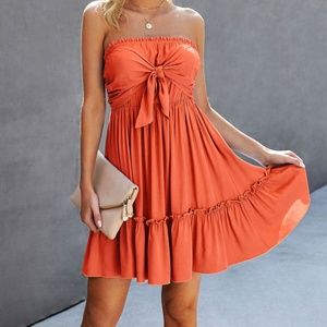 Boho Orange Front Tie Ruffle Mini Dress